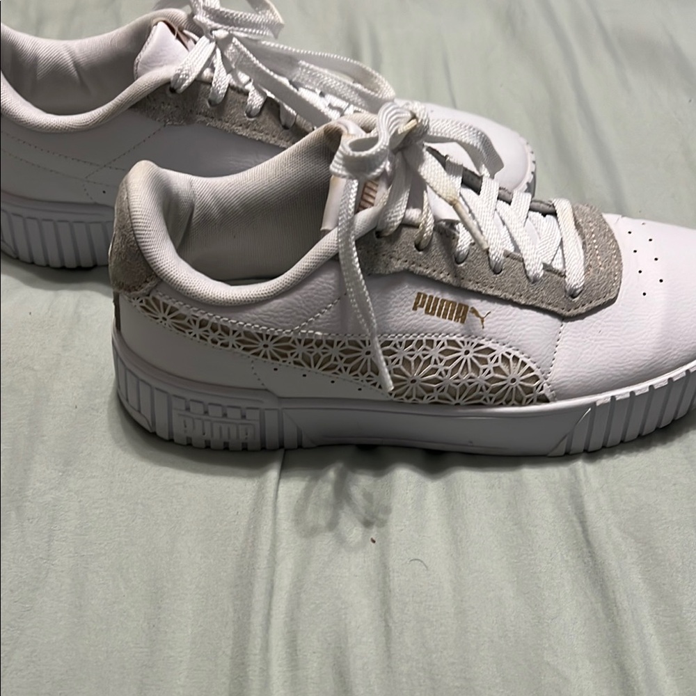 Puma White and Tan Sneakers with Suede Upper and Rubber Soles